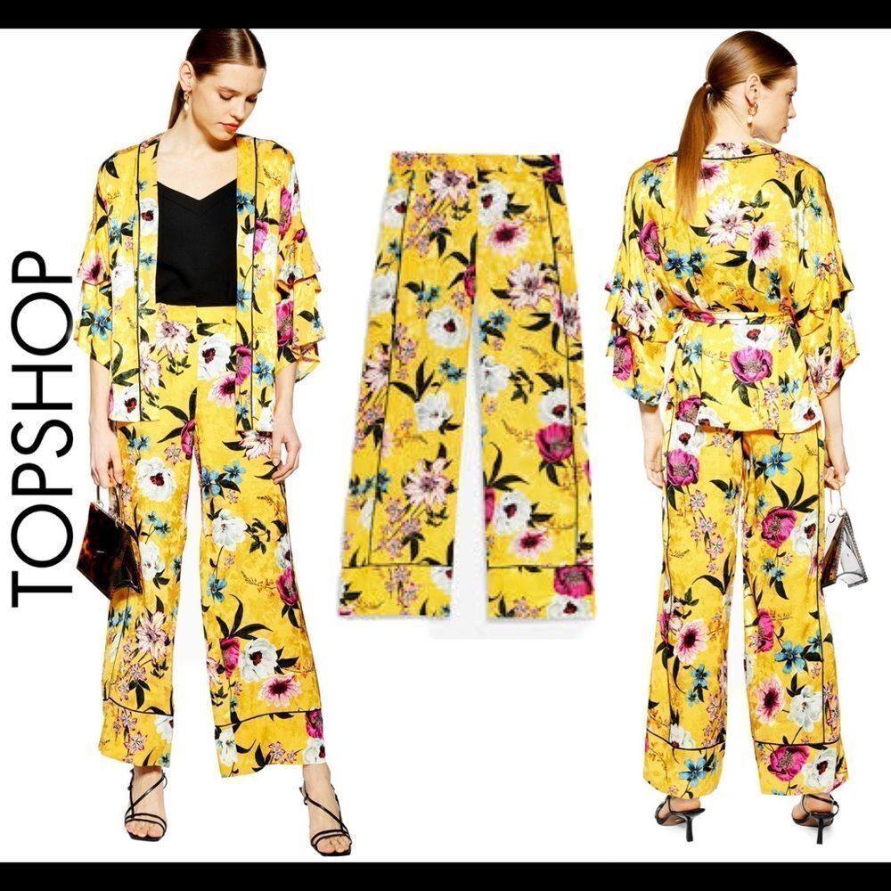 TOPSHOP Asian Oriental yellow floral flower print wide leg trousers belted Sz 8 - Picture 16 of 16